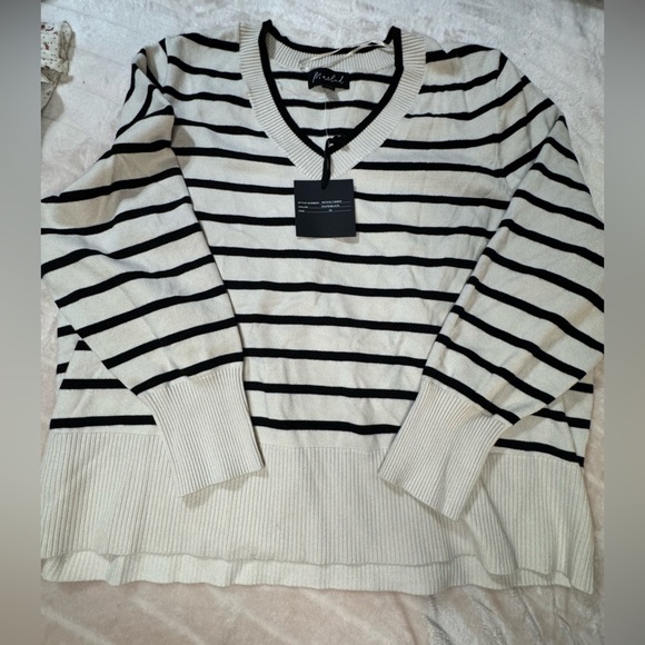 Marled Sweaters - Black and Cream Striped Sweater - 3X